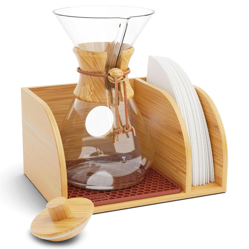 HEXNUB Caddy and Lid for Pour Over Coffee Maker, Bamboo Stand fits Chemex, Bodum, Cosori Carafes, Heatproof Mat, Filter Holder for Drip Coffee Maker - Brown Mat - Image 1